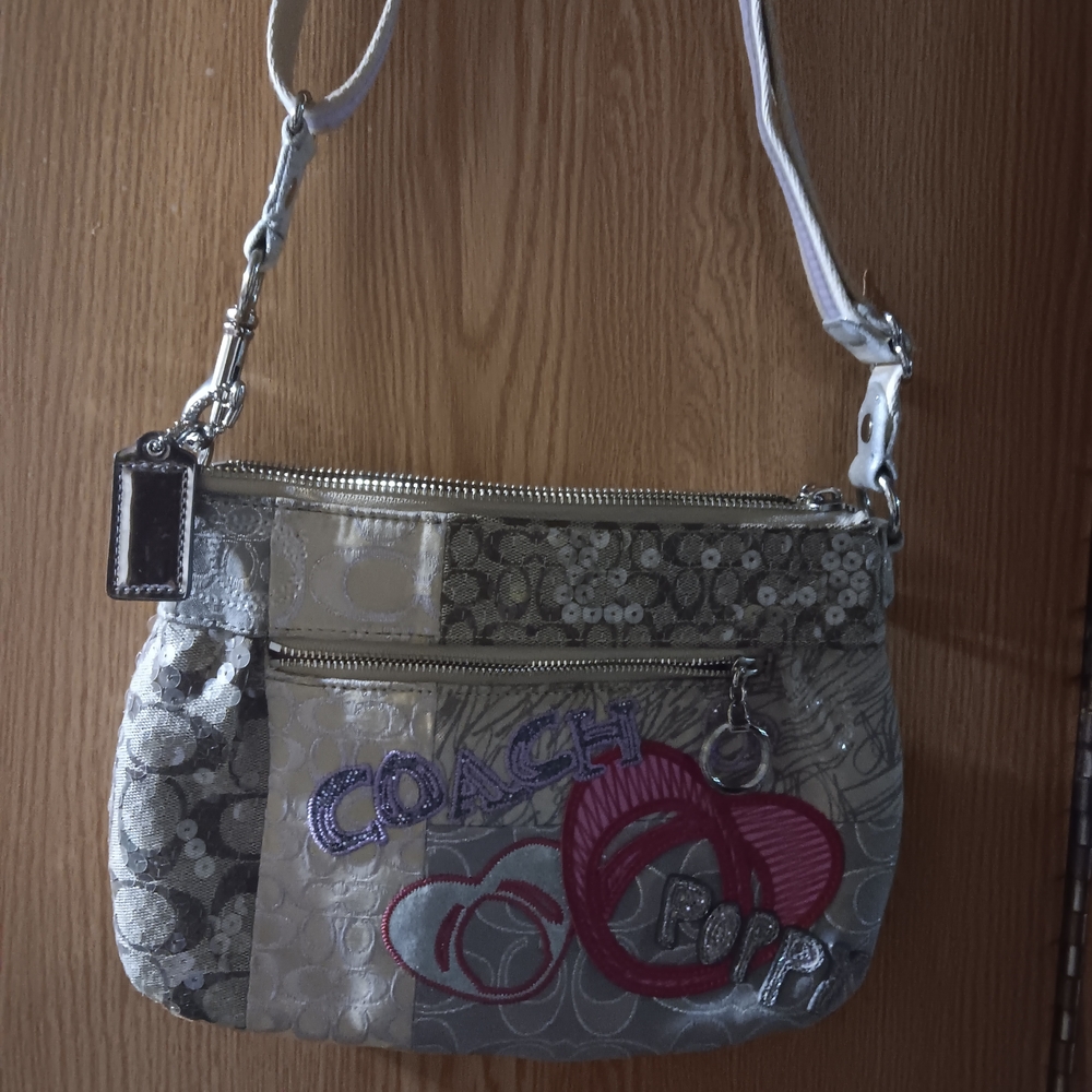 Coach Silver Pink Crossbody Bag with Signature Pattern